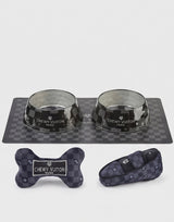 Haute Diggity Dog Black Checker Chewy Vuiton Bundle (Set of 2 Bowls & Mat)