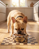 Haute Diggity Dog Tan Checker Chewy Vuiton Bundle (Set of 2 Bowls & Mat)