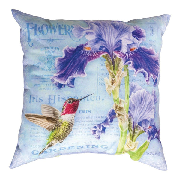 Manual Woodworkers & Weavers Iris And Hummingbird Climaweave Throw Pillow 18" x 18" By Jane Shasky