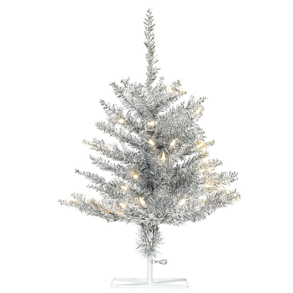 Vickerman Silver Tinsel Fir Artificial Christmas Tree, 2' x 20", Warm White Mini Light