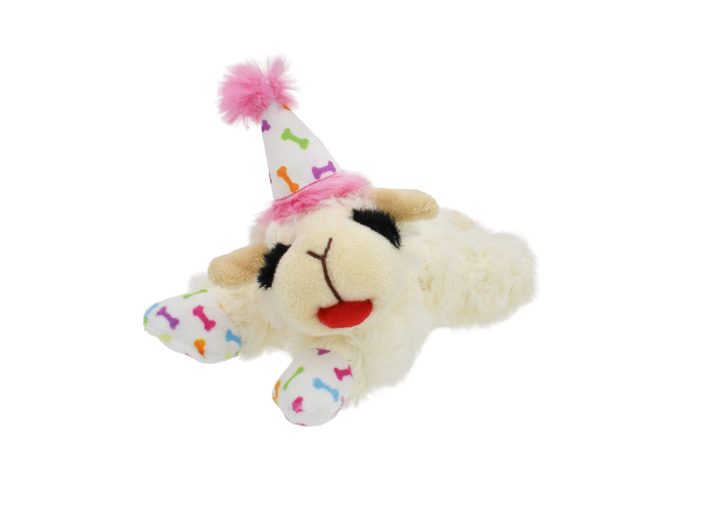 Multipet Lamb Chop with Birthday Hat Plush Dog Toy (2 Sizes Available)
