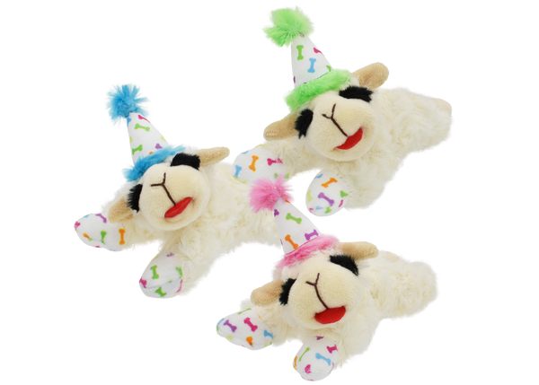 King Wholesale Multipet Lamb Chop with Birthday Hat Plush Dog Toy (2 Sizes Available)