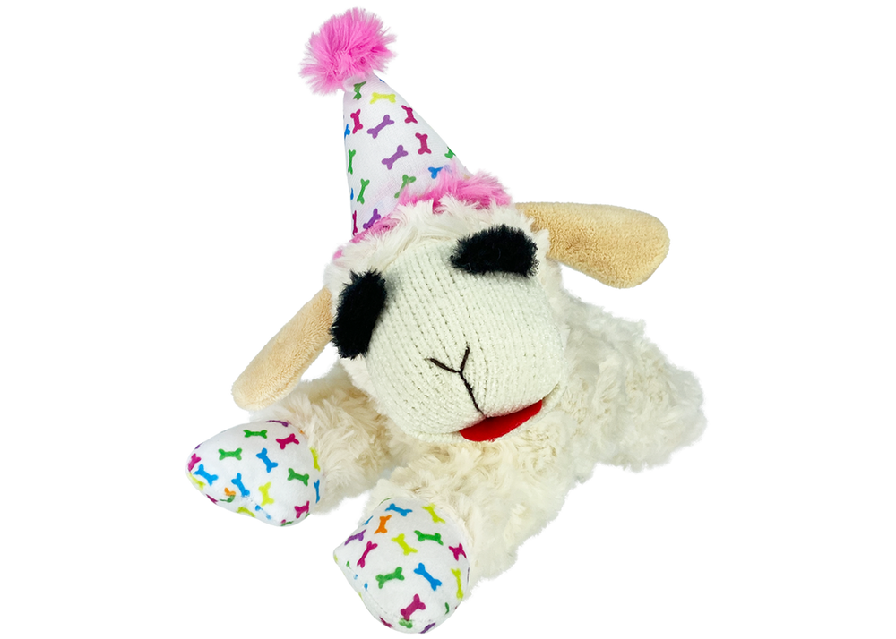 Multipet Lamb Chop With Birthday Hat Dog Toy 10.5" Plush Dog Toy (Assorted Styles)