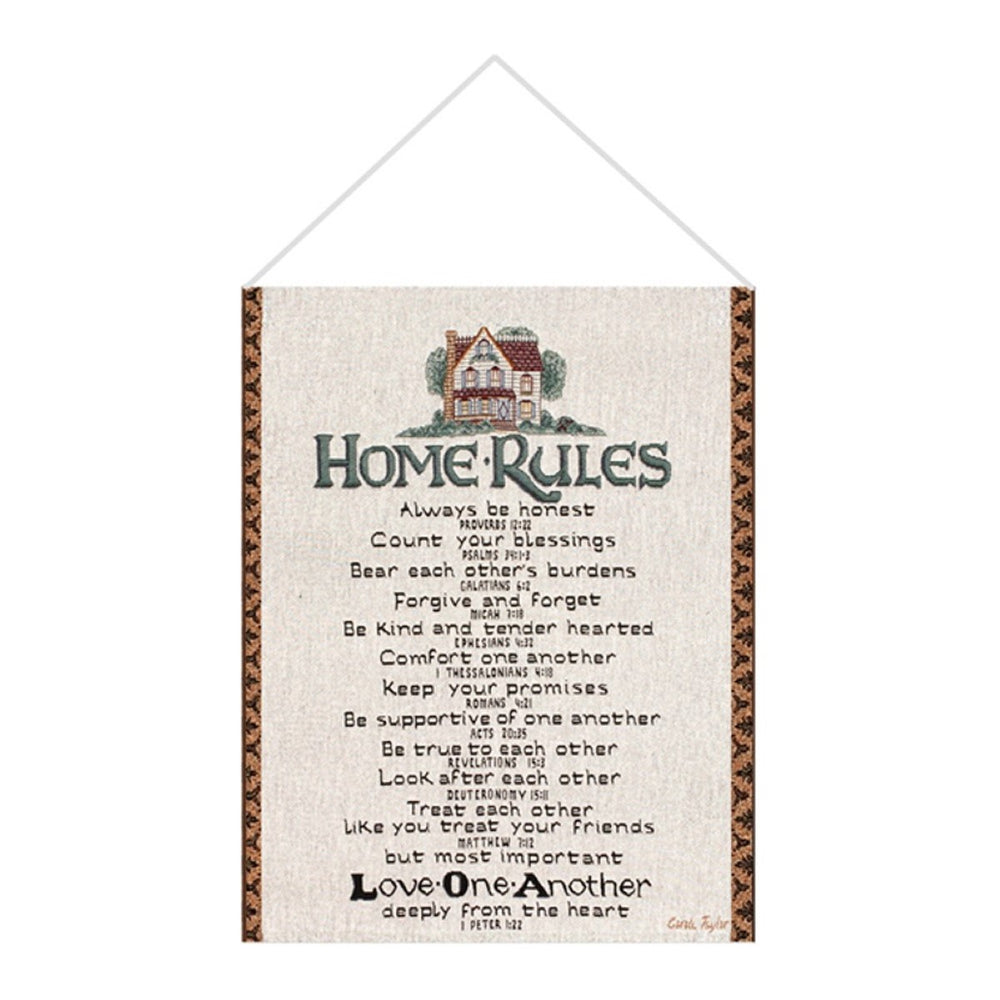 Home Rules With Verse White Tapestry Bannerette 13" x 18" By Manual Woodworkers & Weavers