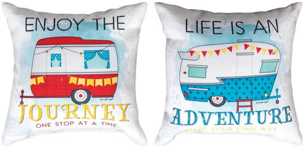 Manual Woodworkers & Weavers Happy Campers - Enjoy The Journey/Life Is Adventure Climaweave Throw Pillow 12" x 12" By Jennifer Pugh