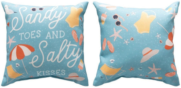 Manual Woodworkers & Weavers Beach Vibes Sandy Toes And Salty Kisses Climaweave Throw Pillow 9" x 9" By Laura Marshall