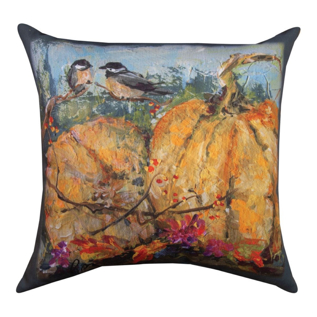 (2) Chickadee On Pumpkin Climaweave Pillows By Rozanne Priebe