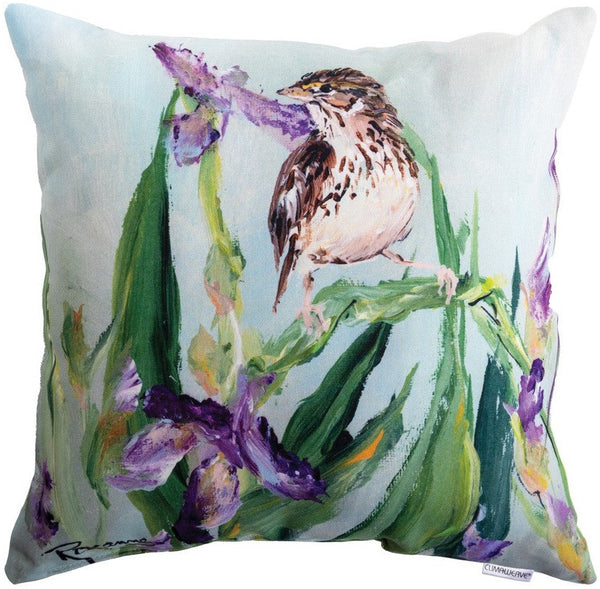 Manual Woodworkers & Weavers Sparrow On Spring Iris Climaweave Throw Pillow 18" x 18" By Rozanne Priebe