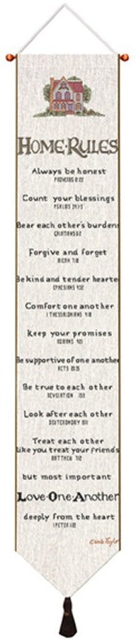 Manual Woodworkers & Weavers Home Rules White Tapestry Bell Pull 9" x 41" By Manual Woodworkers & Weavers