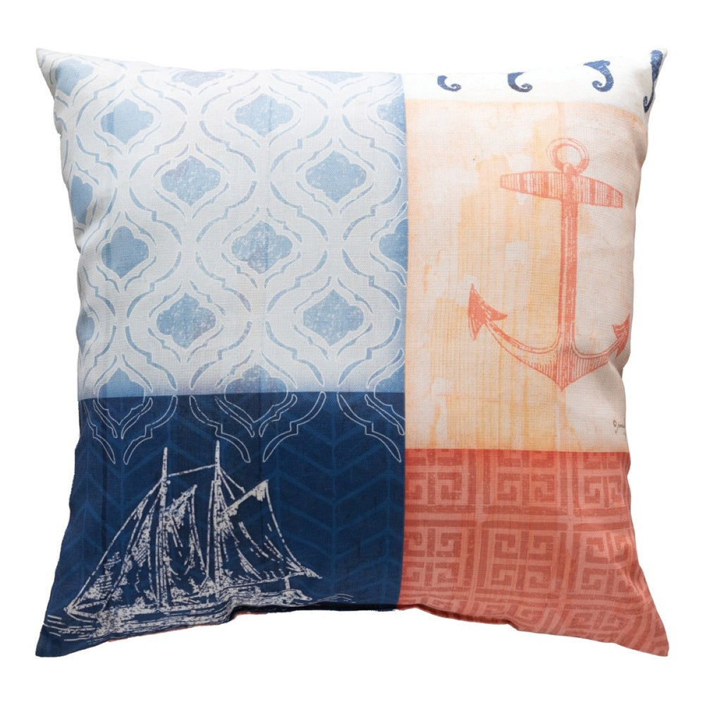 Nautical Wonder Navy & Coral With Anchor Climaweave Throw Pillow 18" x 18" By Jennifer Pugh
