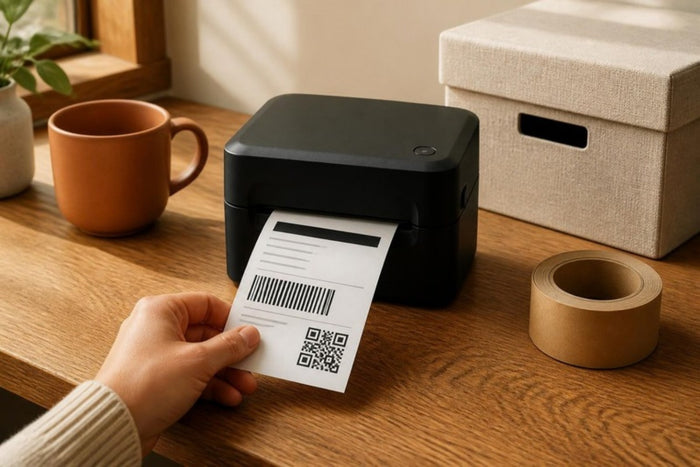 A return shipping label printing from a black label printer on an oak desk