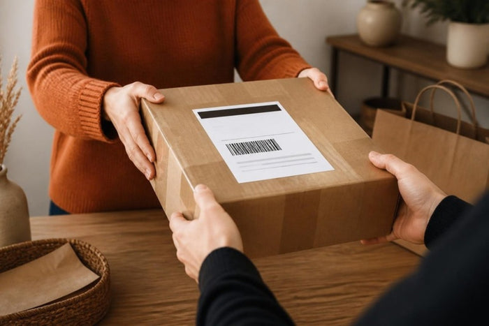 Handing a labeled kraft return box over a shipping counter