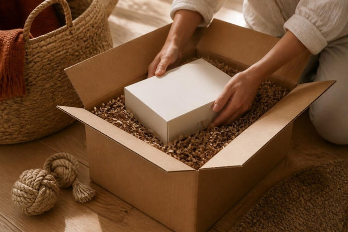 Packing a boxed item inside a sturdy kraft shipping box with paper fill
