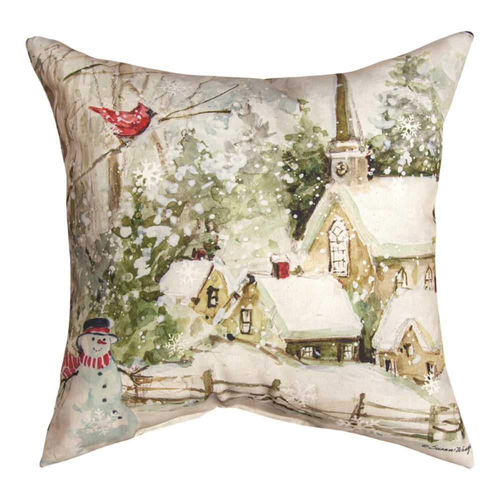Snow Church Cardinal Climaweave Throw Pillow 18" x 18" By Susan Winget