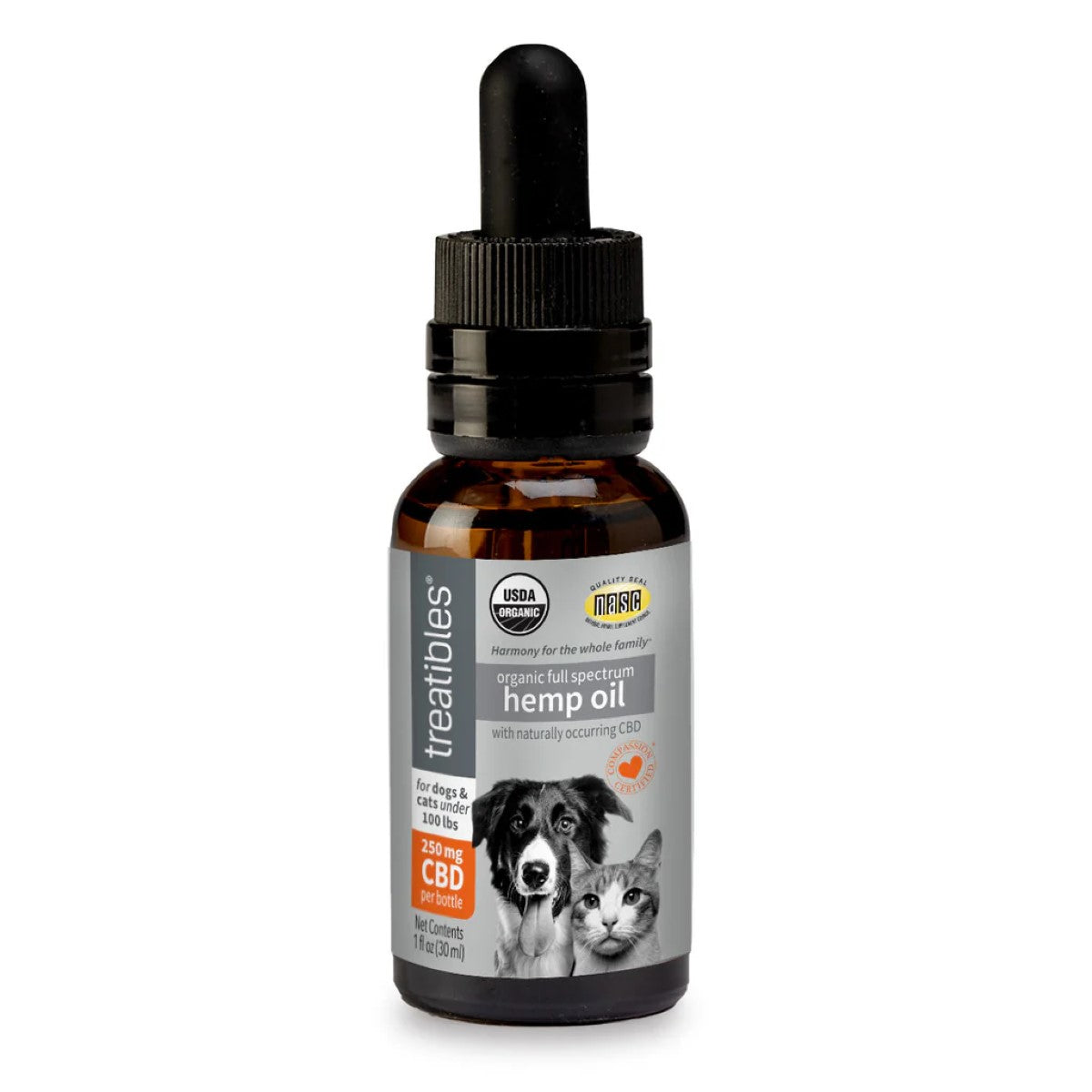 Treatibles 250mg Organic Full Spectrum CBD Hemp Oil Dropper Bottle for Cats & Dogs, 1 oz