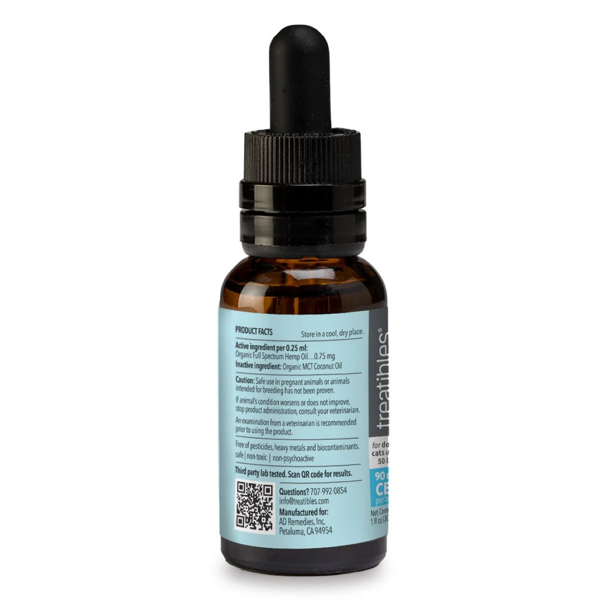Treatibles 90mg Organic Full Spectrum CBD Hemp Oil Dropper Bottle for Cats & Dogs, 1 oz