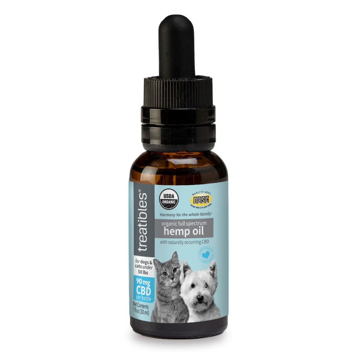 Treatibles 90mg Organic Full Spectrum CBD Hemp Oil Dropper Bottle for Cats & Dogs, 1 oz