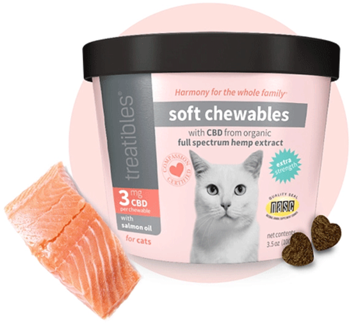 Treatibles Extra Strength with Salmon Oil 3 mg CBD for Cats Soft Chewables