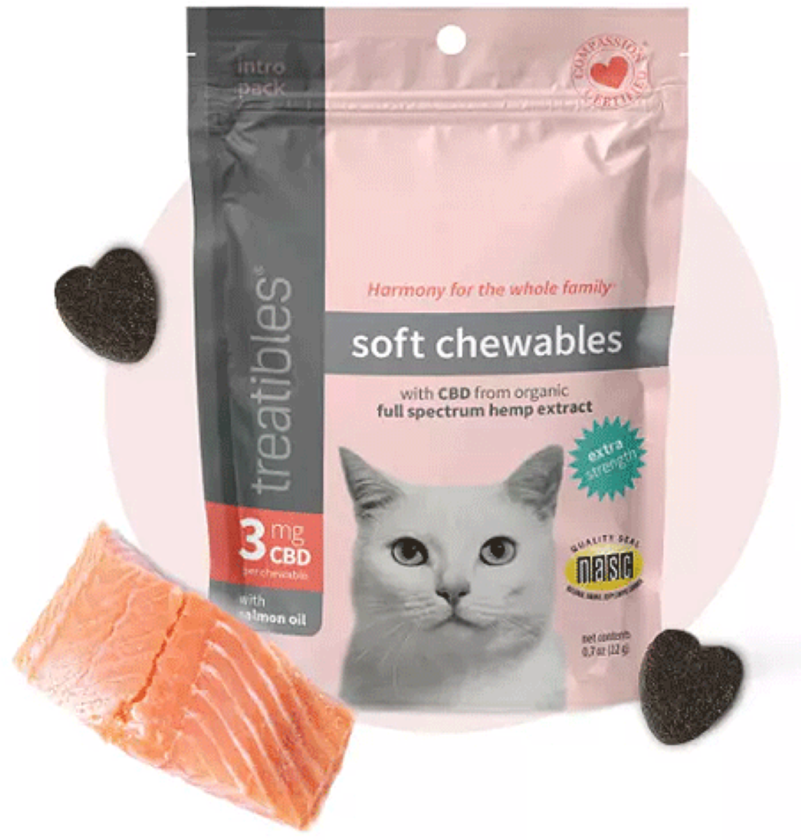 Treatibles Extra Strength with Salmon Oil 3 mg CBD for Cats Soft Chewables