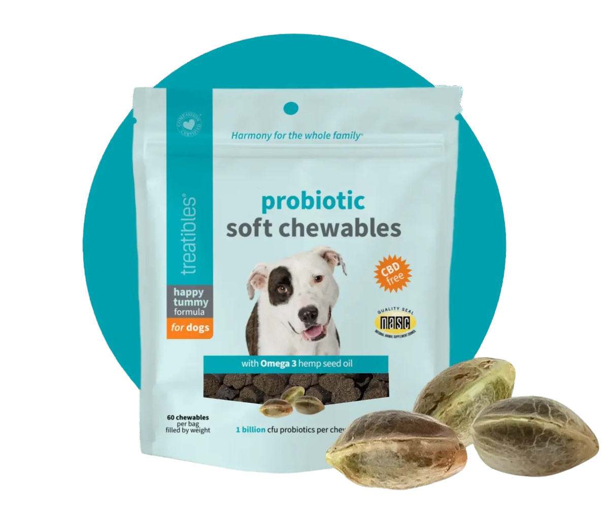 Treatibles Happy Tummy Probiotic for Dogs Soft Chewables, 5.3 oz, 60 Count - Digestive Support, Immune System, Gut Health