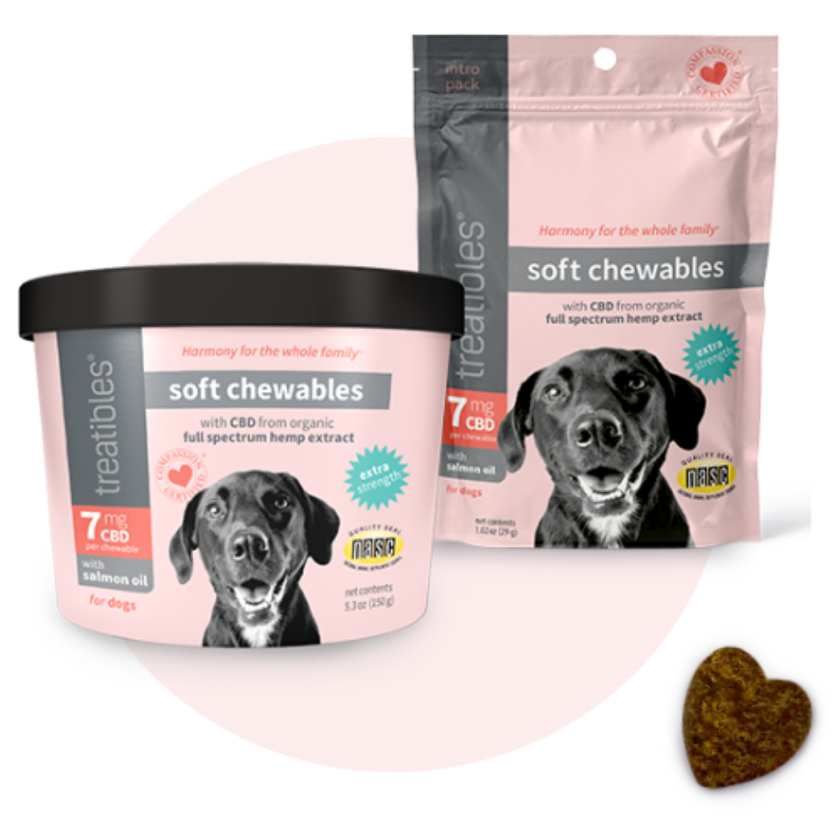 Treatibles Extra Strength with Salmon Oil 7 mg CBD for Dogs Soft Chewables
