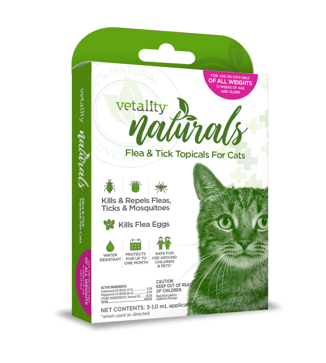 Vetality Naturals Flea & Tick Topicals for Cats, 3 Doses