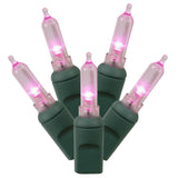Vickerman Italian Mini LED Christmas Light Set, Green Wire, 50 Lights, 25', Pink