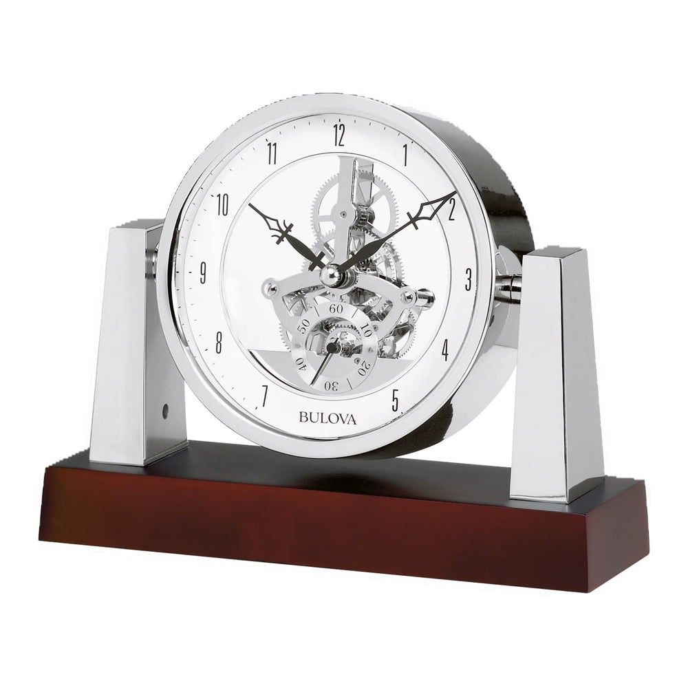 Bulova B7520 Largo pivoting skeleton mantel clock with mirror chrome housing and dark mahogany base