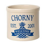 Whitehall Pineapple Established / Welcome 2 Gallon Personalized Crock - Dark Blue Engraving/Bristol Crock