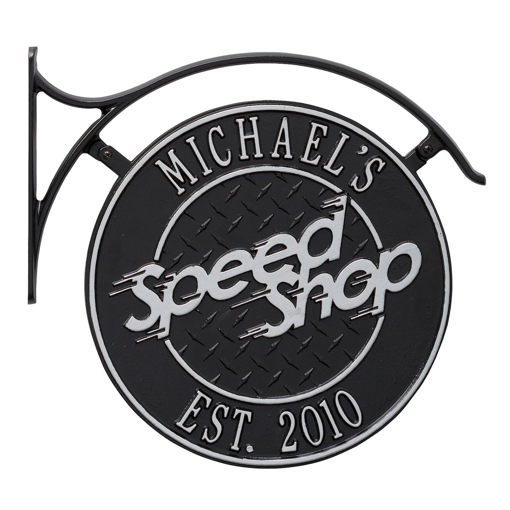 Whitehall Hanging Speed Shop Personalized Plaque with Bracket - Black/Silver