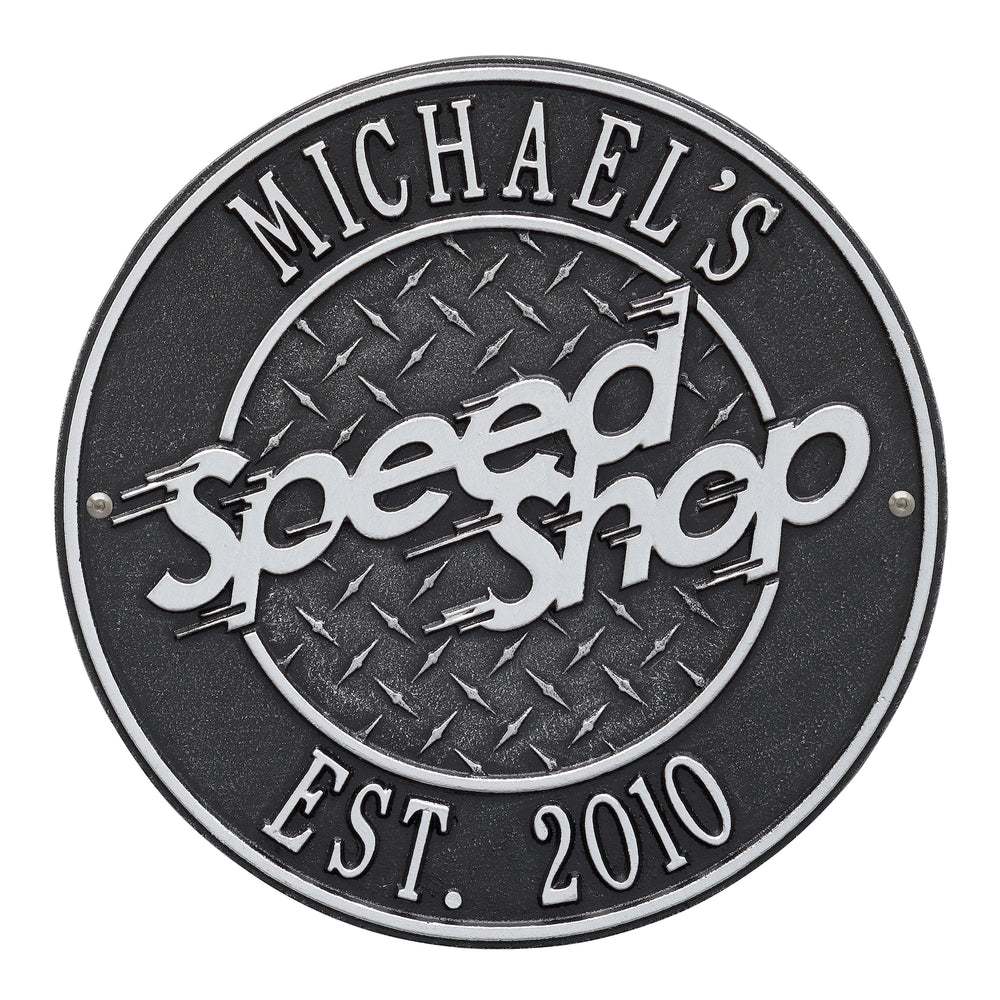 Whitehall Speed Shop Personalized Plaque Standard Wall 2-Line - Black/Silver