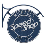Whitehall Hanging Speed Shop Personalized Plaque with Bracket - Dark Blue/Silver