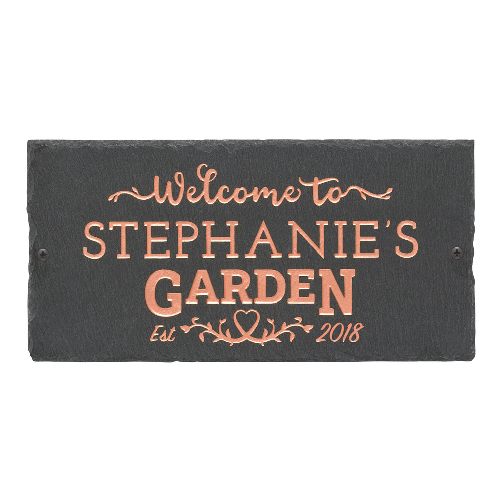 Whitehall Garden Welcome 2-Line Etched Wall Slate Personalized Sign - Copper