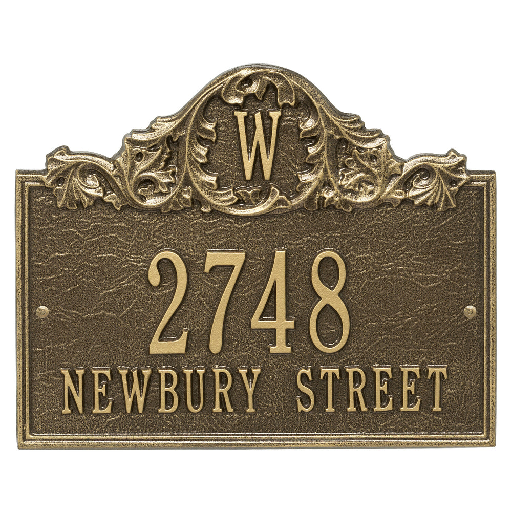 Whitehall Acanthus Monogram Wall 3-Line Personalized Address Plaque - Antique Brass