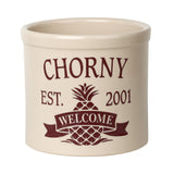 Whitehall Pineapple Established / Welcome 2 Gallon Personalized Crock - Red Engraving/Bristol Crock