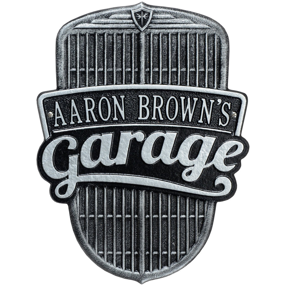 Whitehall Car Grille Garage Personalized Plaque Standard Wall 1-Line - Black/Silver