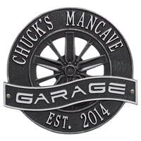 Whitehall Racing Wheel Garage Personalized Plaque Standard Wall 2-Line - Black/Silver