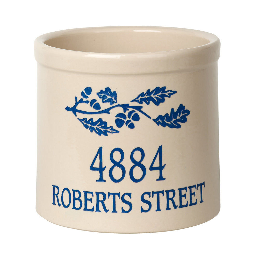 Whitehall Oak Branch Address 2 Gallon Personalized Crock - Dark Blue Engraving/Bristol Crock