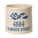 Whitehall Oak Branch Address 2 Gallon Personalized Crock - Dark Blue Engraving/Bristol Crock