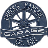 Whitehall Racing Wheel Garage Personalized Plaque Standard Wall 2-Line - Dark Blue/Silver