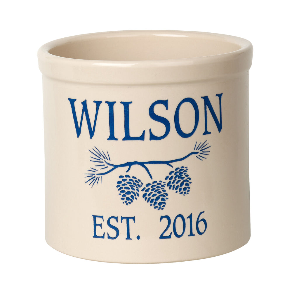 Whitehall Pine Bough Established 2 Gallon Personalized Crock - Dark Blue Engraving/Bristol Crock