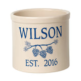 Whitehall Pine Bough Established 2 Gallon Personalized Crock - Dark Blue Engraving/Bristol Crock