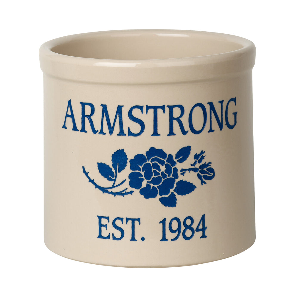 Whitehall Rose Stem Established 2 Gallon Personalized Crock - Dark Blue Engraving/Bristol Crock