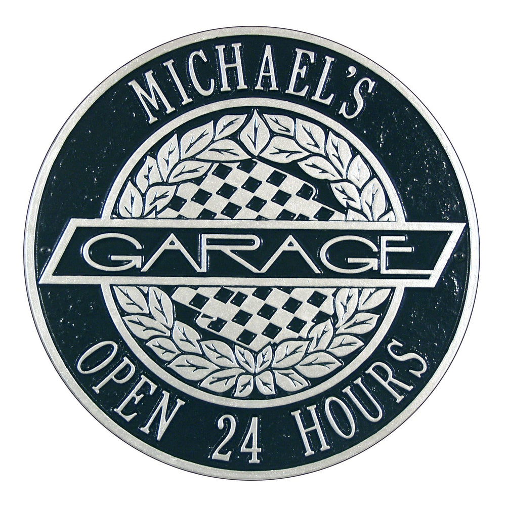 Whitehall Victory Lane Garage Personalized Plaque Standard Wall 2-Line - Black/Silver