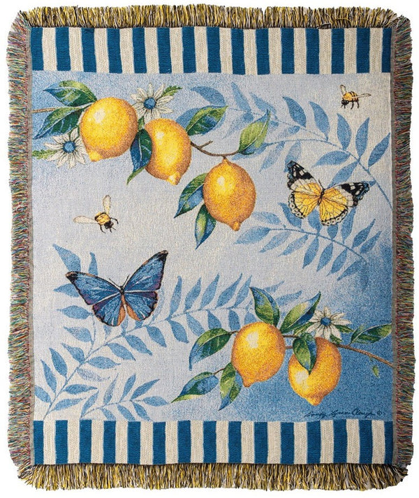 Manual Woodworkers & Weavers Lemon Blue Tapestry Throw Blanket 50" x 60" By Sandy Lynam Clough