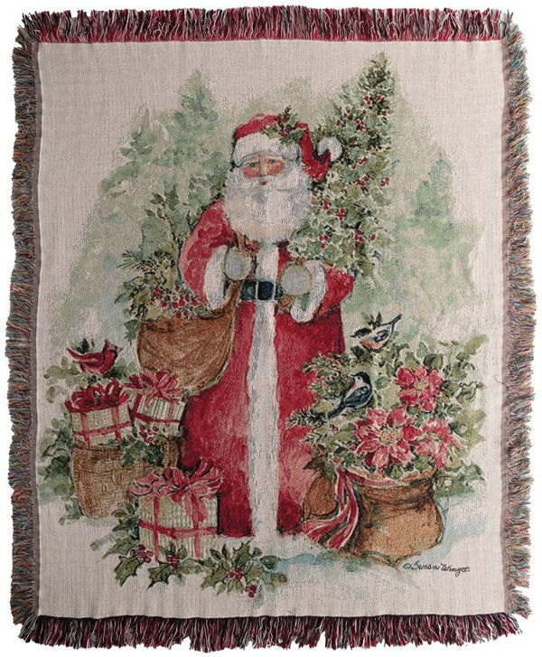 Manual Woodworkers & Weavers Holly And Pine Santa Tapestry Throw Blanket 50" x 60" By Susan Winget