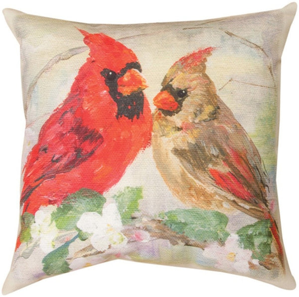 Manual Woodworkers & Weavers Cardinals In Flowers Climaweave Throw Pillow 18" x 18" By Rozanne Priebe