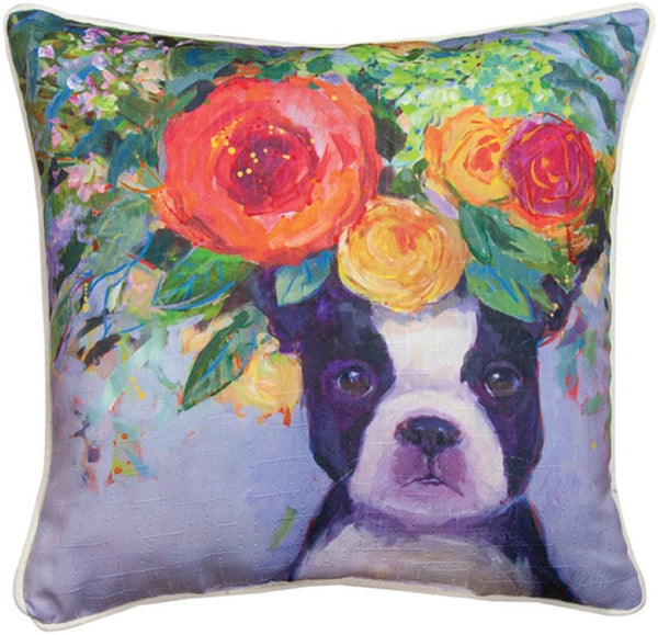 Manual Woodworkers & Weavers Dogs In Bloom Boston Throw Pillow 18" x 18" By Geoff Allen