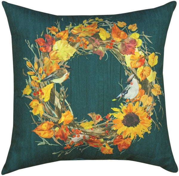 Manual Woodworkers & Weavers Fall Wreaths Waxwings Climaweave Throw Pillow 18" x 18" By Martha Collins