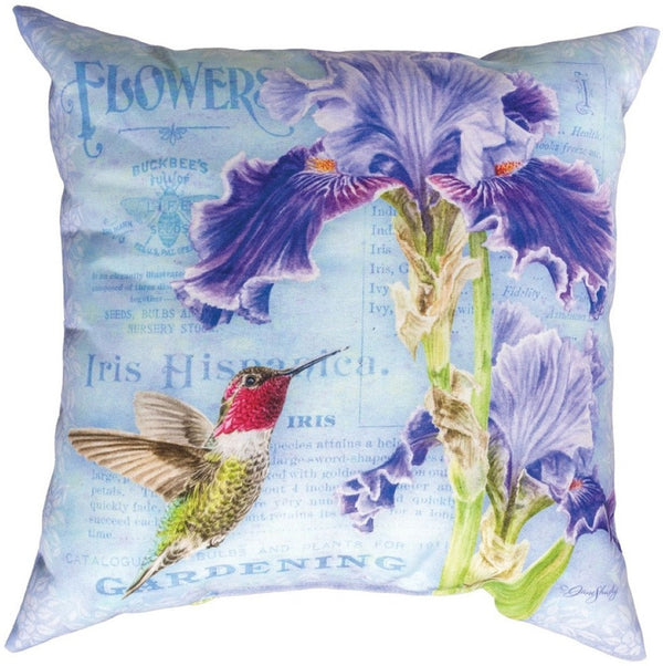 Manual Woodworkers & Weavers Iris And Hummingbird Climaweave Throw Pillow 18" x 18" By Jane Shasky